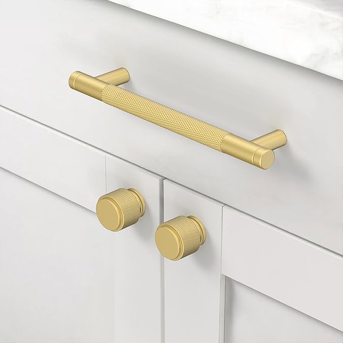 Amerdeco 10 Pack Brushed Gold Knurled Cabinet Knobs Kitchen Cabinet Pulls for Drawer, Cupboard and Wardrobe ZH0031