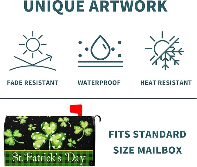 Kawani St Patrick's Day Magnetic Mailbox Covers Green Shamrock Lucky Clovers Mailbox Covers Magnetic Standard Size 25.5x21 Inch St Patricks Day Post Letter Box Cover for Garden Yard Decor