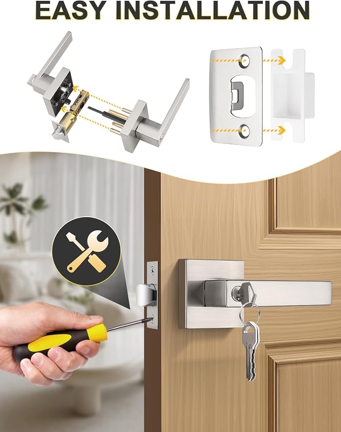 6 Pack Entry Door Levers with Lock and Key, Brushed Nickel Keyed Alike Lockset Combo Pack, Entrance Door Handles for Office and Front Door, Door Knobs Lockset (Each with 3 Keys)