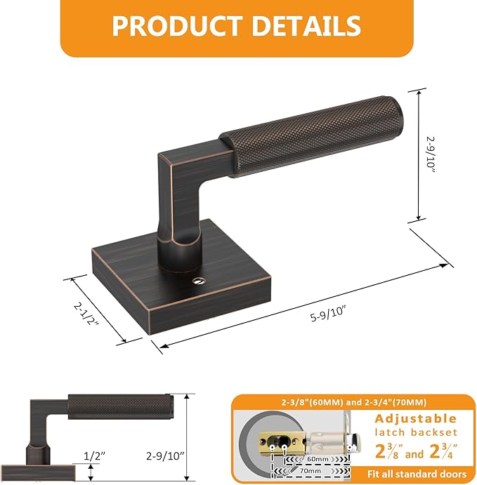 Amerdeco 1 Pack Privacy Door Handles, Oil Rubbed Bronze Interior, Knurled Lever, Heavy Duty for Bedroom and Bathroom, Reversible Keyless for Right & Left Side AM0021
