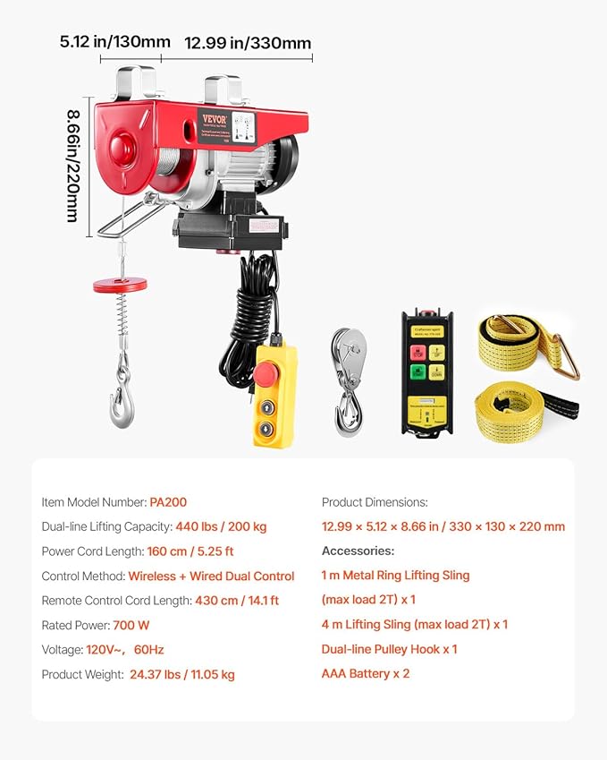 VEVOR Electric Hoist, 440 lbs 120V Electric Winch with 328 ft Wireless & 14 ft Wired Remote Control, 40 ft Single Cable Lifting Height, Single/Double Slings, Lift Hoist for Garage Warehouse Factory