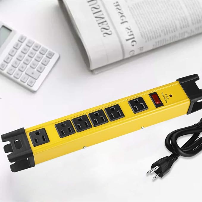 Heavy Duty Power Strip Surge Protector, 6 Outlet Industrial Power Strip with 15A, 10 FT Cord, 1200 Joules ETL Listed. Yellow