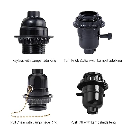6 Pack Lamp Socket Replacement, Phenolic Medium Base Light Socket, E26 Screw Bulbs Edison Retro Pendant Lamp Holder, Lampshade Ring, 1/8 IP Thread Cap (Lamp Socket Pull Chain)