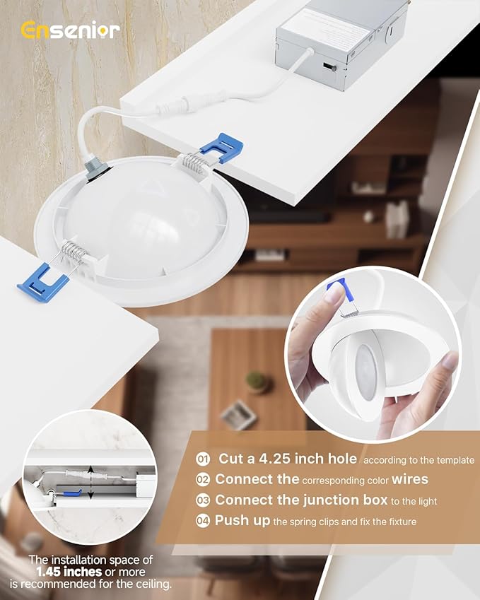 Ensenior 4 Pack 4 inch Gimbal Led Recessed Light with Junction Box, 90° Adjustable Directional Eyeball Lighting, Dimmable, 2700K/3000K/3500K/4000K/5000K, 900LM, 9W=100W-FCC Certified