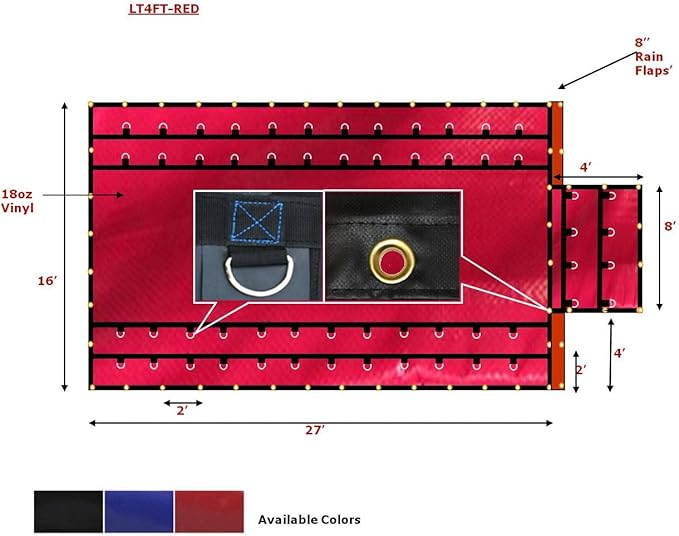 Mytee Products 16' x 27' Flatbed Truck 18 Oz Steel Tarp with 4 FT Drop & Flap - Red Heavy Duty Vinyl Waterproof Tarp for Trailers to Protect Cargo from Wind, Rain, Snow and Sun