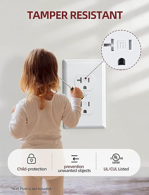 AIDA 20 Amp Outlets Duplex Electrical Receptacle Outlets,Tamper Resistant,Heavy-Duty Receptacle Wall Outlet,Residential,2-Pole,3-Wire, Self-Grounding Clip, NEMA 5-20R,UL Listed 20 Pack, White