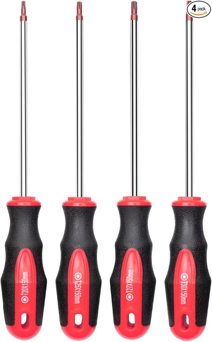 ROTATION 4PCS Magnetic Tip Torx Screwdriver Set, 4 Torx Star Screwdrivers, T20, T25, T27, T30, Red Tip | Red, Gloss, S2 Steel