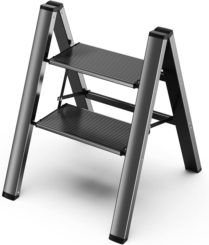 GameGem 2 Step Ladder, Aluminum Folding 2 Step Stool with Anti-Slip Sturdy and Wide Pedal, Lightweight Portable Stepladder for Home and Kitchen Use Space Saving, Black, 330 lbs