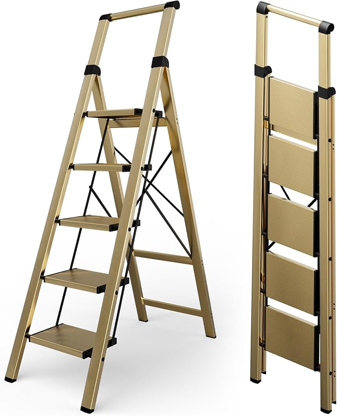 Taranta 5 Step Ladder, Portable Folding Ladder with Wide Pedal, Lightweight Aluminum Step Stool with Convenient Handgrip, 330 lbs Capacity Stepladder for Home, Office - Gold