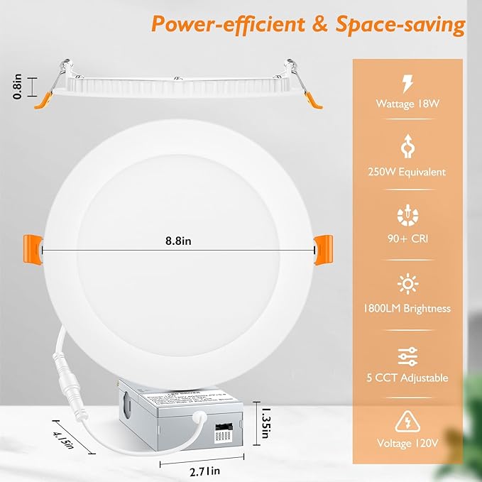 BesLowe 6 Packs 8 Inch 5CCT LED Recessed Ceiling Lights Ultra-Thin with Junction Box, 12W 150W Eqv, 3000K/3500K/4000K/5000K/6500K, 1200LM Dimmable Canless Downlights for Kitchen Hallway Dining Room