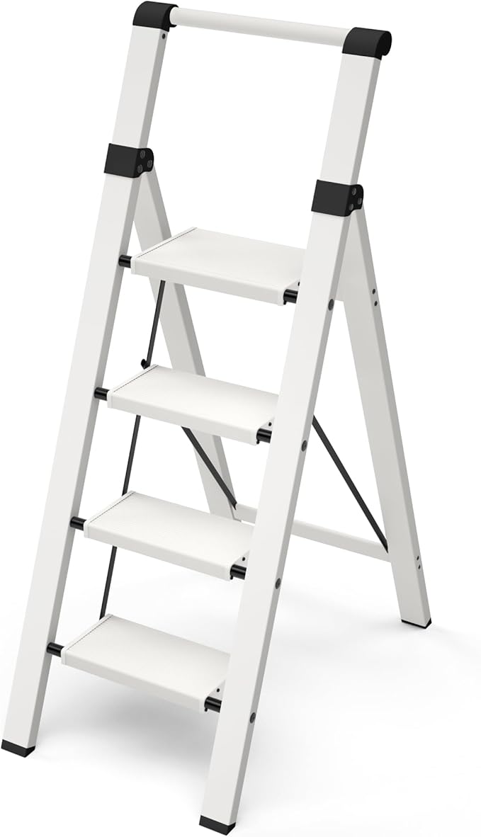 Taranta 4 Step Ladder, Lightweight Aluminum Step Stool with Convenient Handgrip, Folding Ladder with Anti-Slip Pedals, 330lbs Capacity Stepladder for Home, Office, Kitchen - White