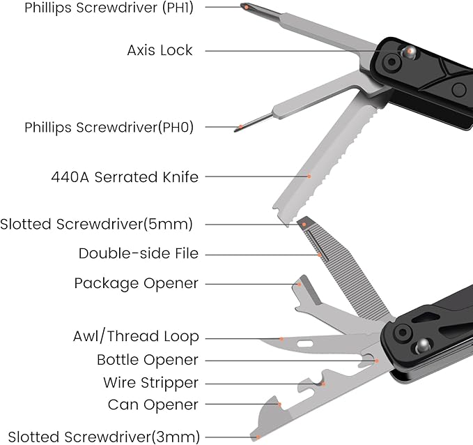 Multitool, 20-in-1 Stainless Steel Multi Tools Pliers with Nylon Sheath, Safe Locking, Professional Multi-Tool for Survival, Camping and Hunting, Black