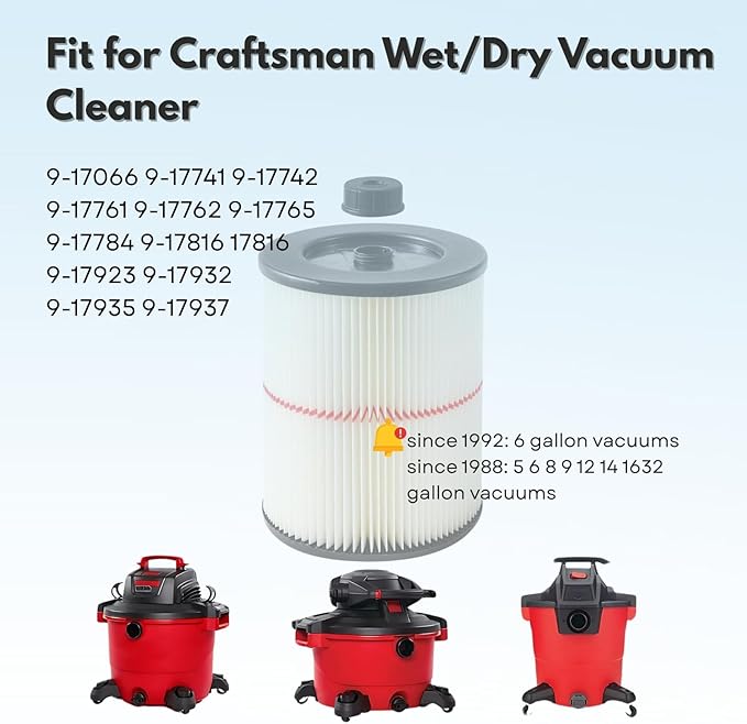 Nispira 9-17816 17816 Red Stripe Replacement HEPA Filter for Craftsman Craftsman Shop Vac Wet/Dry Vacuum 5/6/8/12/16/32 Gallon Larger, 3 Pack