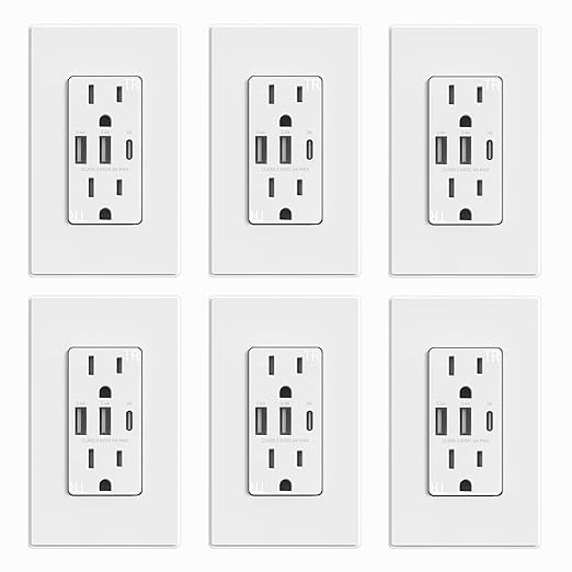 ELEGRP USB Outlets Receptacles, 3-Port Wall Outlet, 30W 6.0A Electrical Outlet, 15 Amp Tamper-Resistant Outlet with Type C Ports, UL Listed, Wall Plate Included, 6 Pack, Matte White