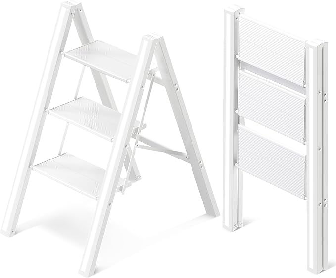 GameGem 3 Step Ladder, Aluminum Folding Step Stool with Anti-Slip Sturdy and Wide Pedal, Lightweight Portable Stepladder for Home and Kitchen Use Space Saving, Cream White, 330 lbs