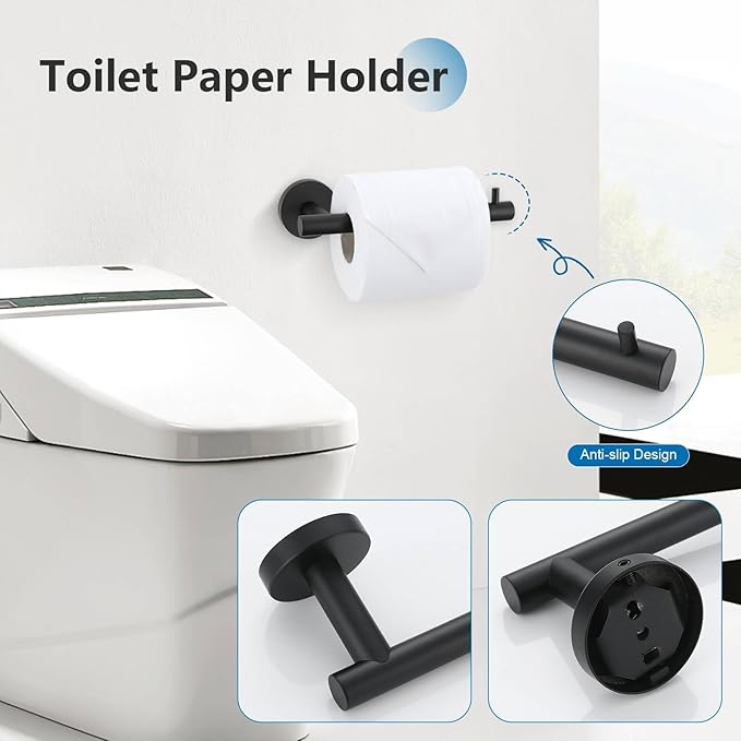 TNOMS 5 Pieces Towel Bar Set Matte Black Bathroom Accessories Set SUS304 Stainless Steel Towel Holder Set for Bathroom,Wall Mounted 23.6 Inch Bathroom Hardware Set