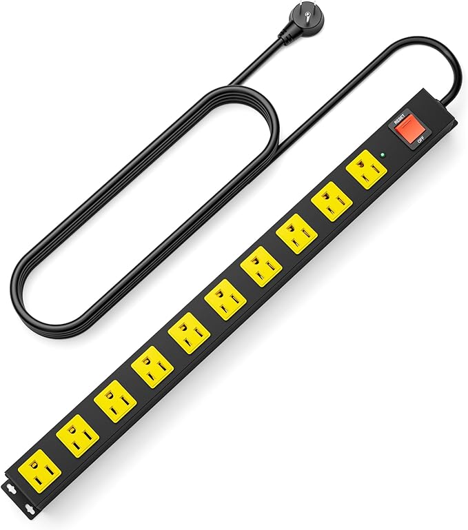 10 Outlet Metal Power Strip with 2100J Surge Protector, Heavy Duty 15FT Extension Cord, Wide Spaced Outlets and Wall Mount for Garage, Workshop, Industrial, Home (15ft)
