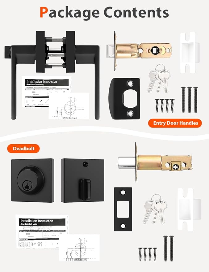 3 Pack Square Keyed Alike Front/Exterior Door Levers with Single Cylinder Deadbolt, Flat Black Entry Door Knob Lock Set with Deadbolt Combination Sets, for Entrance/Front and Office Doors