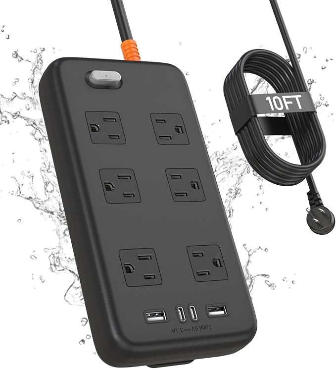 Outdoor Power Strip Weatherproof, KPQ IPX6 Waterproof Surge Protector with 6 Wide Outlets, 2 USB A and 2 USB C, 10FT Heavy Duty Extension Cord for Home, Office, Dorm, Patio, FCC UL Listed