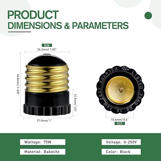 E26 to E17 Light Socket Adapter, Medium Screw E26 to Intermediate E17 Bulb Socket Adapter Converter, UL Listed (Black, 4)