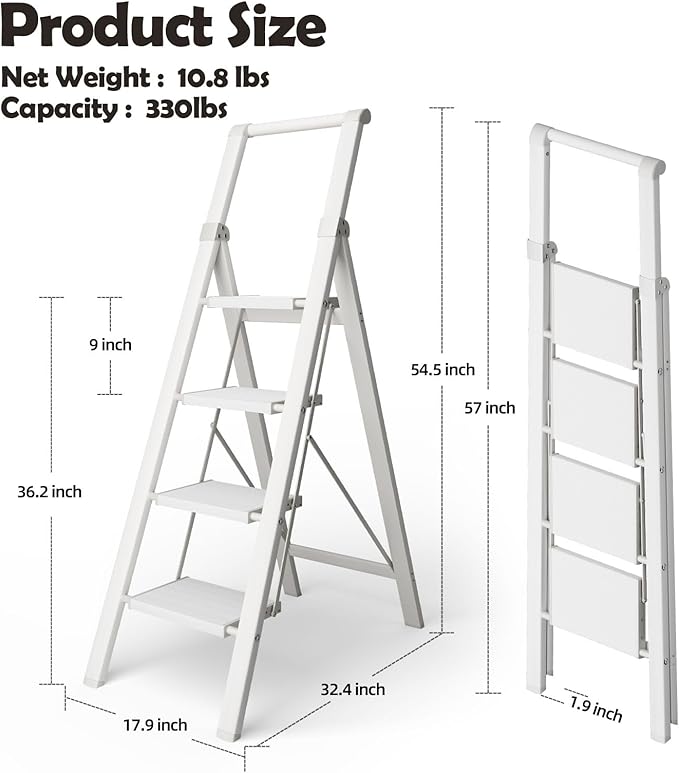 Taranta 4 Step Ladder, Portable Folding Ladder with Wide Pedal, Lightweight Aluminum Step Stool with Convenient Handgrip, 330 lbs Capacity Stepladder for Home, Office - White