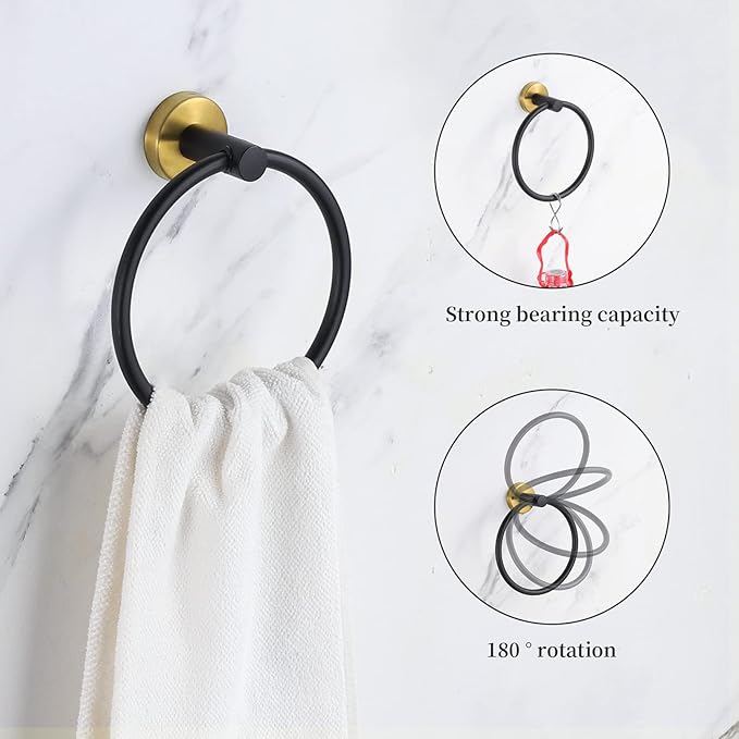 5 Pieces Bathroom Hardware Set Black Gold, Towel Rack Including 2pcs 16 inch Tower Bar, Towel Ring and 2 PCS Towel Hooks