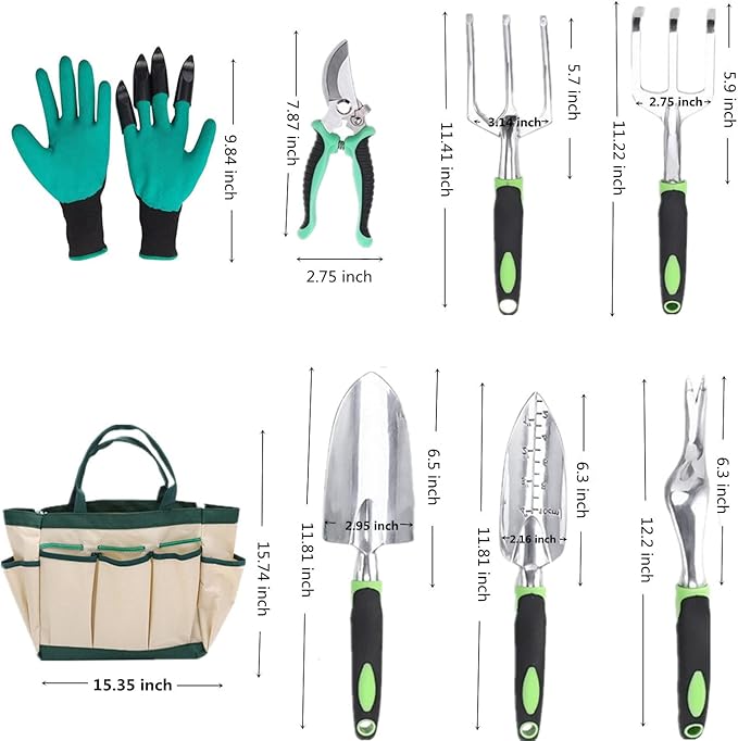 Garden Tool Set, 8 Pcs Heavy Duty Aluminum Rustproof Gardening Hand Tools,with Non-Slip Rubber Grip,Durable Storage Tote Bag,Outdoor Hand Tools, Idea for Transplanting, Weeding, Digging and Planting