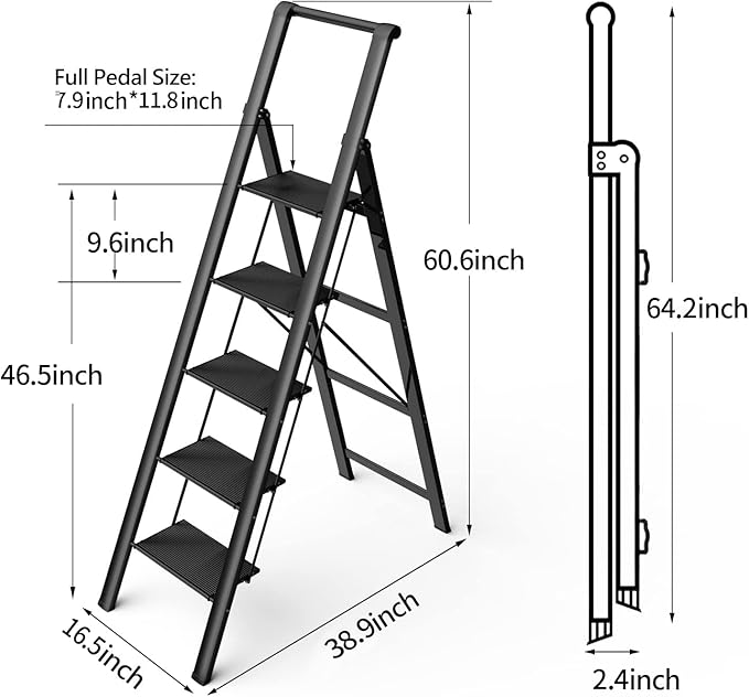 5 Step Ladder, Folding Step Stool, Portable Iron Foldable Black Ladder for 10 Foot High Ceiling with Anti-Slip Wide Sturdy Pedal and Handgrip, Multi-Use for Home (300 lbs Capacity)