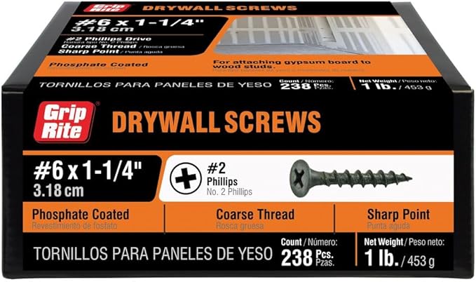 Grip-Rite 114CDWS1#6 X 1-1/4" Phillips Bugle Head Coarse Thread Sharp Point Drywall Screw, 1lb Box