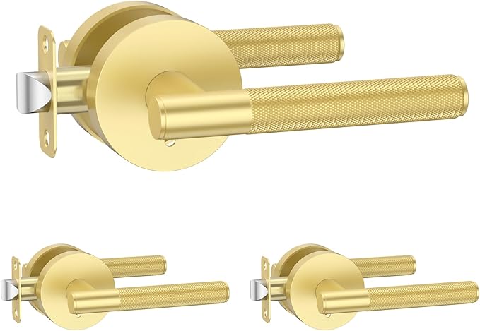 Amerdeco 3 Pack Brushed Gold Door Handles Interior, Knurled Privacy Door Handles with Lock,Heavy Duty Gold Door Lever for Bedroom or Bathroom,Reversible Keyless for Left Right Handed Doors