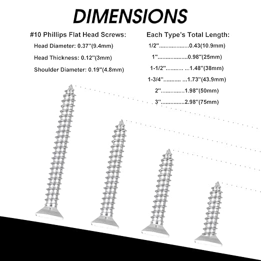 White Head 50 PCS #10X3 Stainless Steel Phillips Flat Head Wood Screws,Stainless Steel 18-8 A2(304) Screw,Home Screw Kit by QISHENG