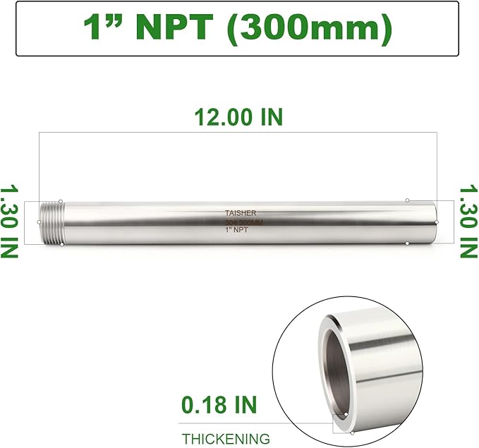 TAISHER 1PCS 304 Stainless Steel Pipe Fittings, 1" NPT Male Threaded, 12" Length Weld Nipple Cast Pipe