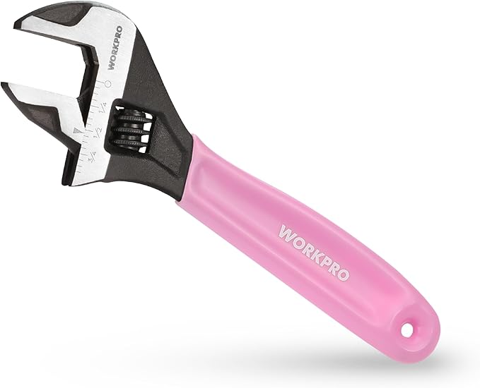 WORKPRO 6-Inch Pink Adjustable Wrench, Cr-V Steel, Wide Jaw Black Oxide Wrench, Metric & SAE Scales, for Home, Garage, Workshop and DIY-Pink Ribbon