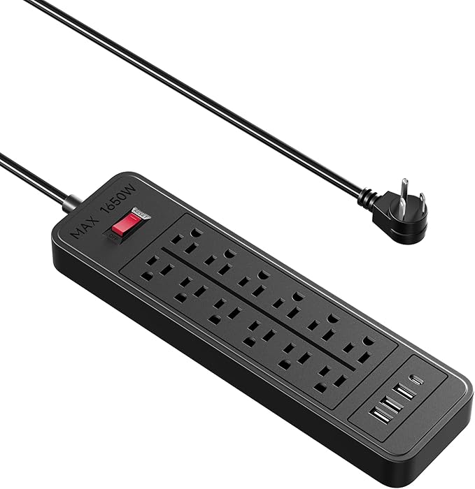 Surge Protector Power Strip, ETL Listed, 12 Widely-Spaced Outlets Expansion with 4 USB Ports (1 USB C Port), Low-Profile Flat Plug, Wall Mountable, 5ft Extension Cord, Heavy Duty, 5FT