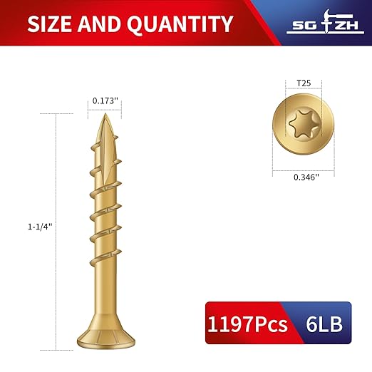 #8 x 1-1/4" Deck Screws (1197Pcs) 6lb. Exterior Wood Screws. Carbon Steel, Tan, Flat Head, Rust Resistant epoxy Coated, with T25 Star Bit