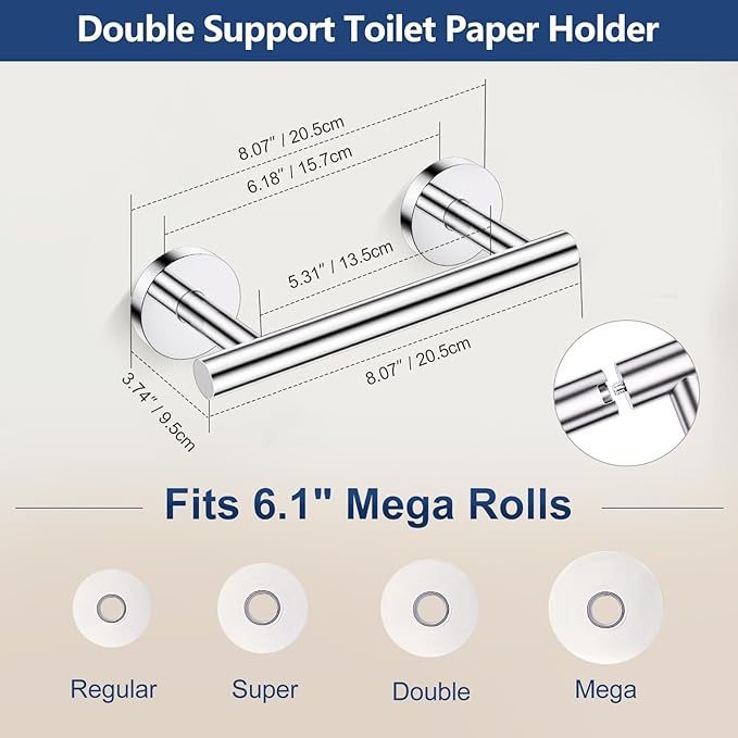 TQKAG Polished Chrome 5 Piece Bathroom Hardware Accessories Set 23.6" SUS304 Stainless Steel Bathroom Towel Bar Holder Sets Double Post Pivoting Toilet Paper Holder Set Wall Mounted