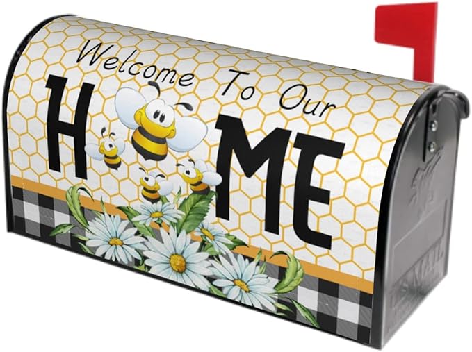 Summer Bee Buffalo Plaid Mailbox Cover Spring Daisy Floral Mailbox Cover Magnetic Standard Size 25.5" x 21" Farmhouse Rustic Welcome To Our Home Mail Box Covers Garden Yard Home Decor for Outdoor