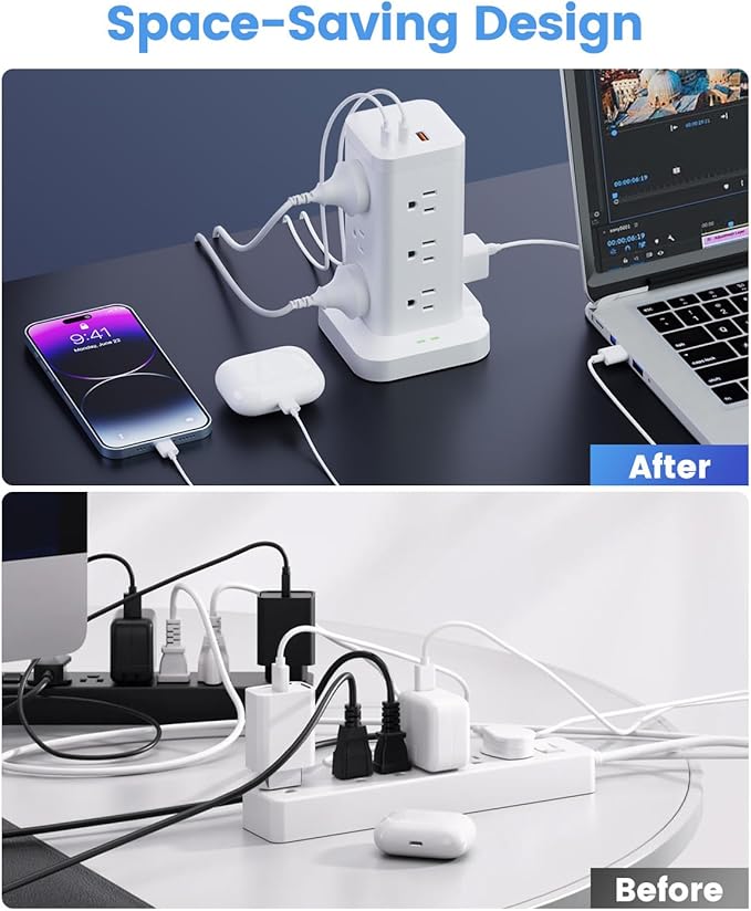 15-in-1 Power Strip Tower with Surge Protector 1800J, Fast Charging Tower PD20W USB-C Ports with 12 AC Outlets, 9.8ft Extension Cord for Home Office Dorm Room, White