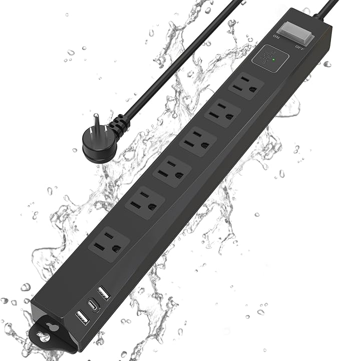 Outdoor Power Strip Weatherproof, KPQ IPX6 Waterproof Surge Protector with 6 Outlets with 2 USB A and 1 USB C, 6FT Extension Cord, Wall Mountable for Home, Office, Dorm, Patio, FCC UL Listed