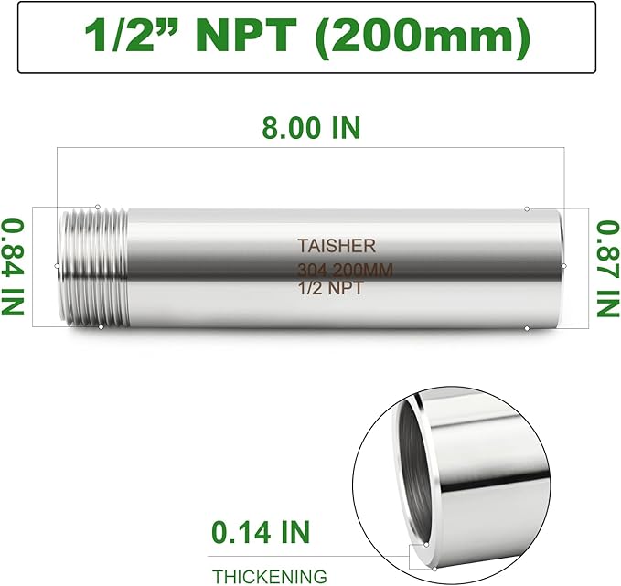 TAISHER 2PCS 304 Stainless Steel Pipe Fittings, 1/2" NPT Male Threaded, 8" Length Weld Nipple Cast Pipe