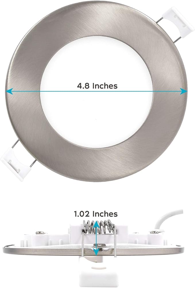 LUXRITE 4 Inch Ultra Thin LED Recessed Light with J-Box, 10W, 5 Color Options 2700K | 3000K | 3500K | 4000K | 5000K, Dimmable Wafer Lights, 750 Lumens, Brushed Nickel, Energy Star, IC Rated
