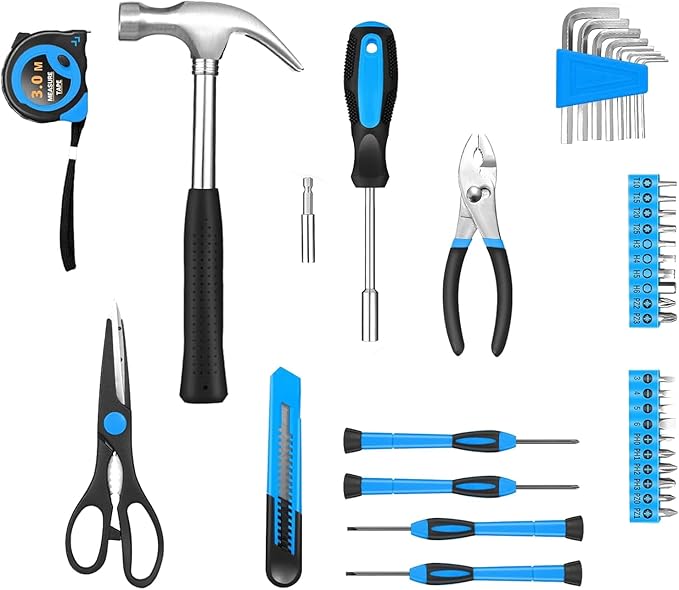 39 Piece Basic Home Tool Set Household Tool Set General Repair Small Hand Tool Kit in Toolbox Storage Case for Home Garage Office College Dormitory Use, Blue