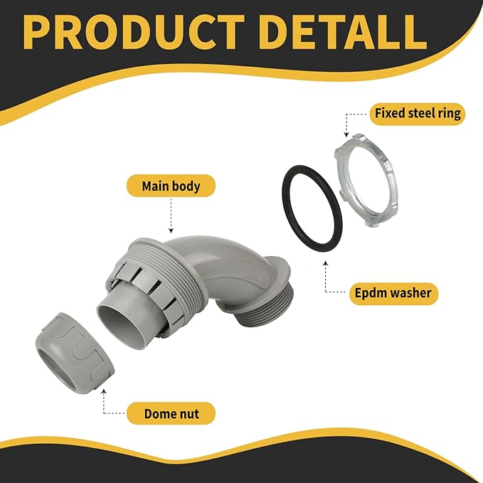 Conduit Connectors, 1-1/2 Inch Liquid Tight Connector NPT Non-Metallic for PVC Electrical Flexible Conduit Fittings, 90 Degree, UL Listed for Home Outdoor Tubes Tools, Grey (2-Pack)