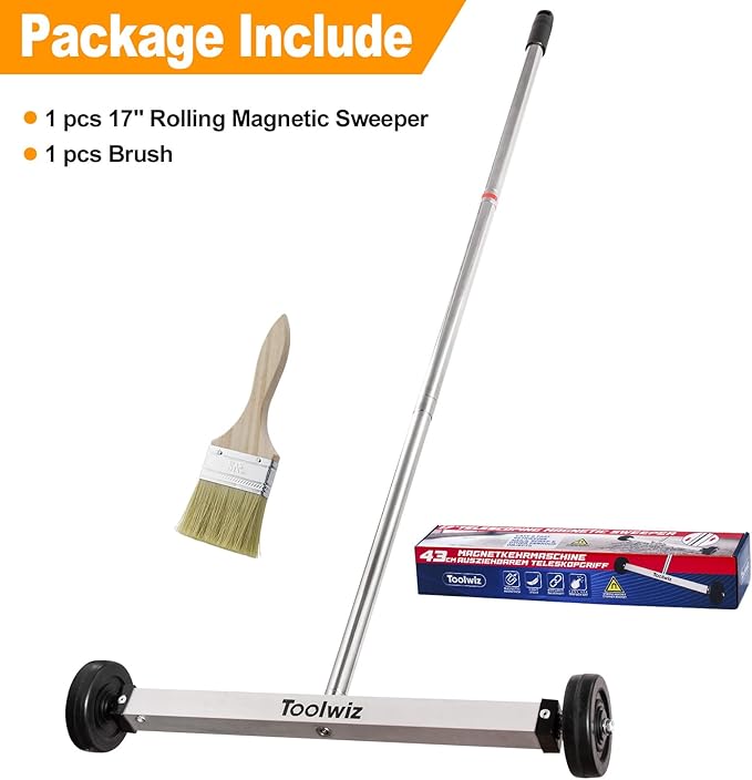 Toolwiz Magnetic Pick Up Sweeper 17-inch Heavy Duty Magnet Pickup Lawn Sweeper Roofing Tools, 8.8 Lbs Yard Magnet with Telescoping Holder and Wheels to Pick Up Nails Magnetic Sweeper for Construction