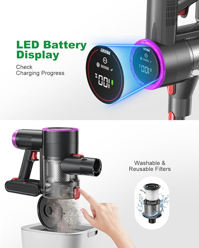 Cordless Vacuum Cleaner, Self-Standing Upright Vacuum Cleaners for Home, Powerful Suction, Anti-Tangle, Stick Vacuum Cordless Rechargeable for Hard Floors, Pet Hair, Car (Purple)