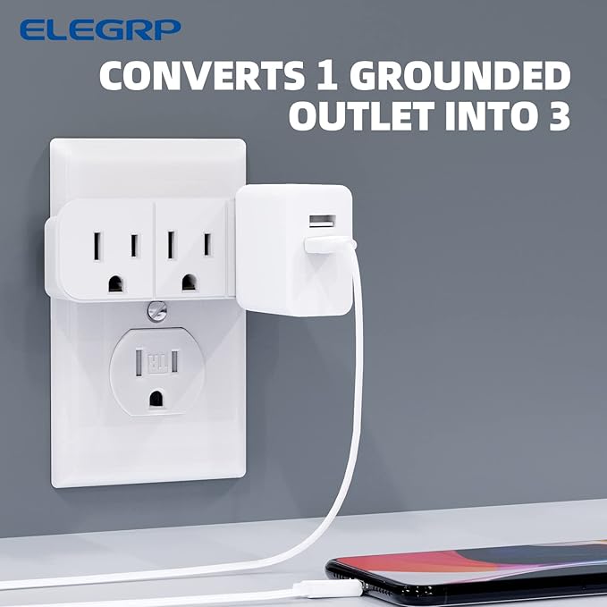 ELEGRP Triple Outlet Extender, 3-Prong Grounded Wall Tab, Multiple Outlet Extender Adapter Plug with 3 Electrical Outlets for Travel Home Hotel Office, ETL Listed, 1 Pack, White