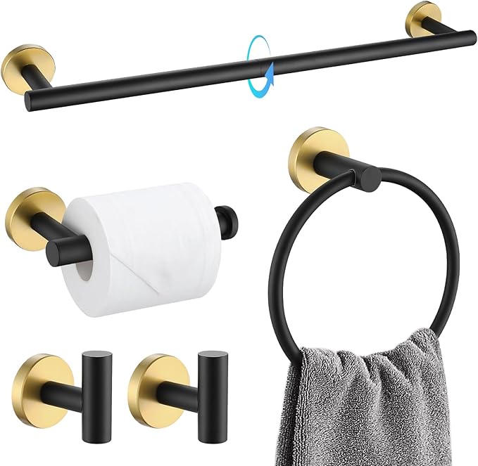 TQKAG Black and Gold Bathroom Accessory Set 5 Pieces, Round Stainless Steel Bath Towel Bar Set 23.6 Inch Towel Racks for Bathroom Wall Mounted