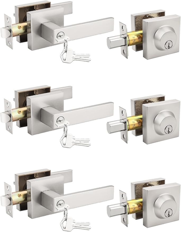 3 Pack Brushed Nickel Keyed Alike Front/Exterior Door Levers with Single Cylinder Deadbolt, Square Entry Door Knob Lock Sets with Deadbolt Combination Sets, for Entrance/Front and Office Doors