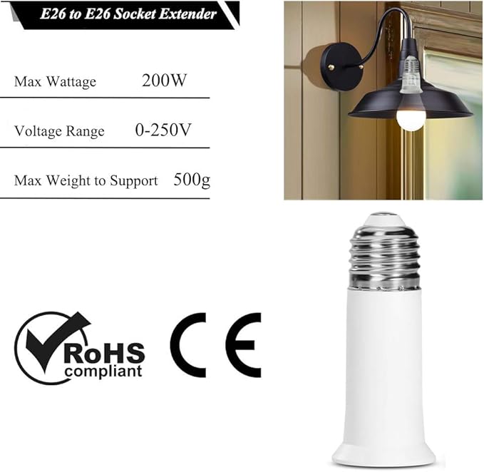 E26 Socket Extender, E26 to E26 Lamp Socket, 6.5CM/2.56 Inch Socket Extension Adapter, 2-Pack