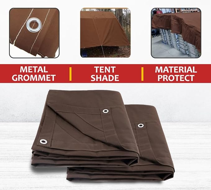 Mytee Products 12' x 24' Dark Brown 12oz Canvas Tarp with Grommets - Water Resistant - Heavy Duty Canvas Tarps - Multipurpose Tarpaulin Cover for Canopy Tent, Roof, Camping, Semi Trucks & Cargo